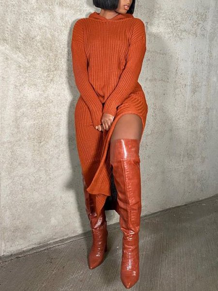 

Urban Plain Hoodie Sweater Midi Dress With No Belt, Orange, Midi Dresses
