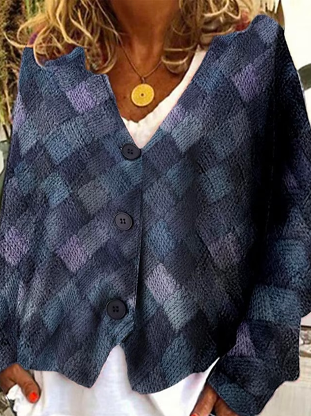 

Color Block V Neck Buttoned Casual Cardigan, Gray, Sweaters