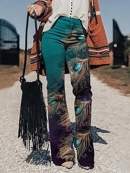 

Feather Pattern Regular Fit Vintage Pants, Blue, Pants