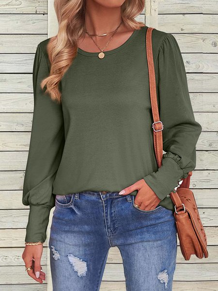 

Crew Neck Casual Loose Plain Shirt, Army green, Shirts & Blouses