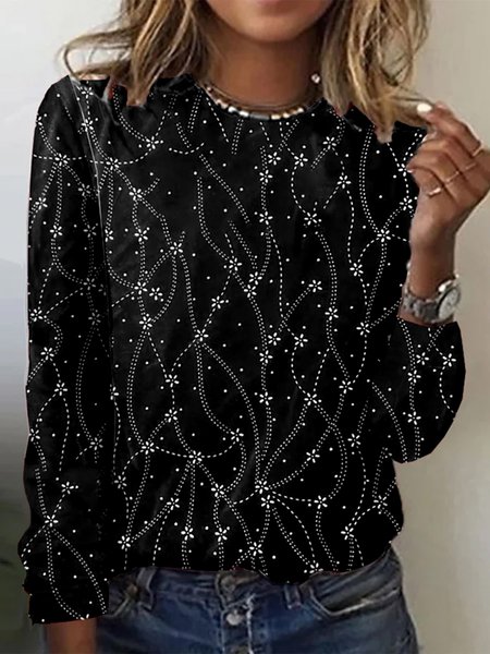 

Casual Floral Crew Neck Long Sleeve T-shirt, Black, T-shirts