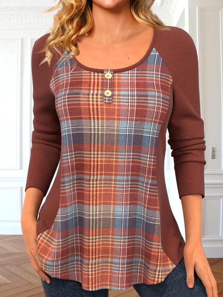 

Plaid Casual Crew Neck Shirt, Brown, Shirts & Blouses