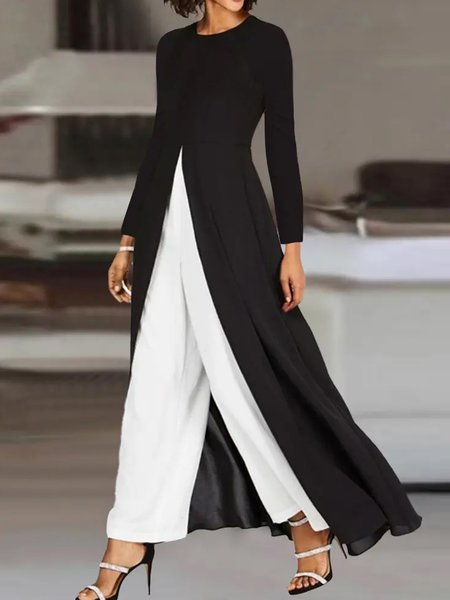 

Women's Jersey Plain Daily Going Out Two Piece Set Long Sleeve Casual Spring/Fall Top With Pants Matching Set, Black-white, Suit Set