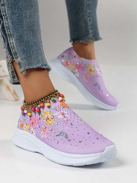 

Rhinestone Floral Mesh Fabric Slip On Sneakers, Purple, Sneakers