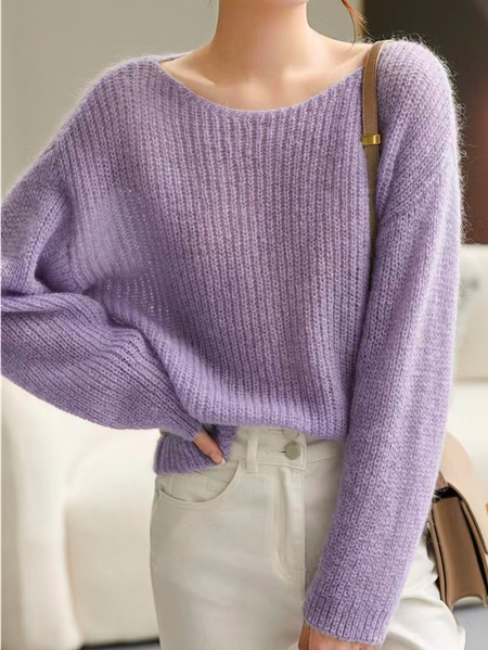

Loose Plain Elegant Crew Neck Sweater, Purple, Sweaters