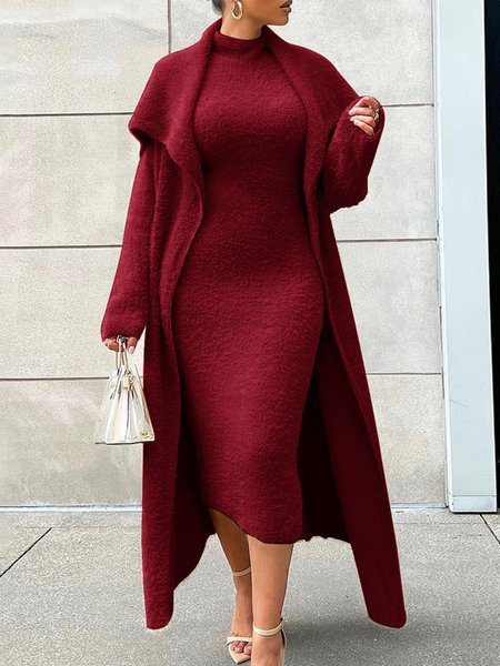 

Sleeveless Plain Elegant Sweater Midi Dress With No Belt, Crimson, Midi Dresses