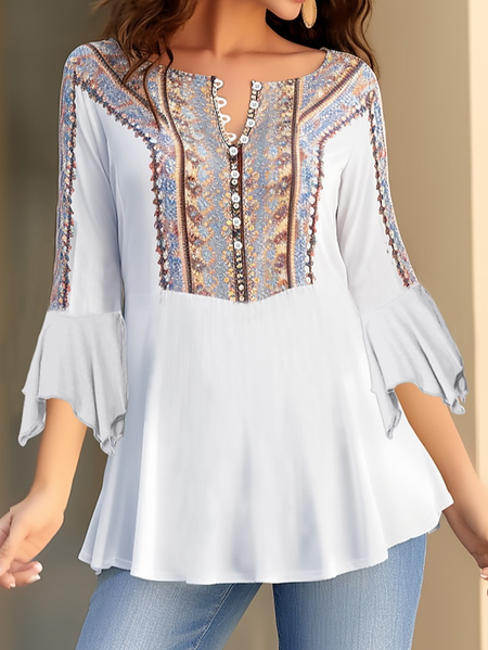 

Ethnic Loose Casual Crew Neck Shirt, White, Shirts & Blouses