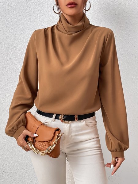 

Turtleneck Urban Long Sleeve Plain Shirt, Khaki, Blouses and Shirts