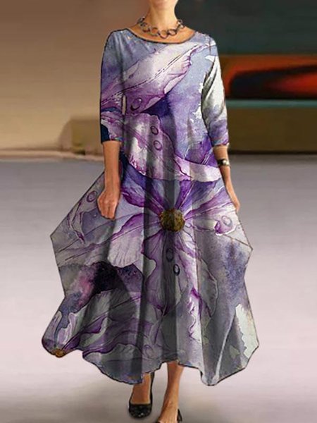 

Loose Floral Casual Shirt Collar Dress With No, Purple, Dresses