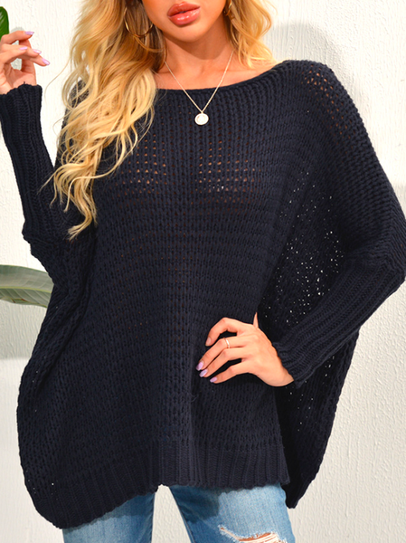 

Crew Neck Elegant Loose Sweater, Navy blue, Sweaters