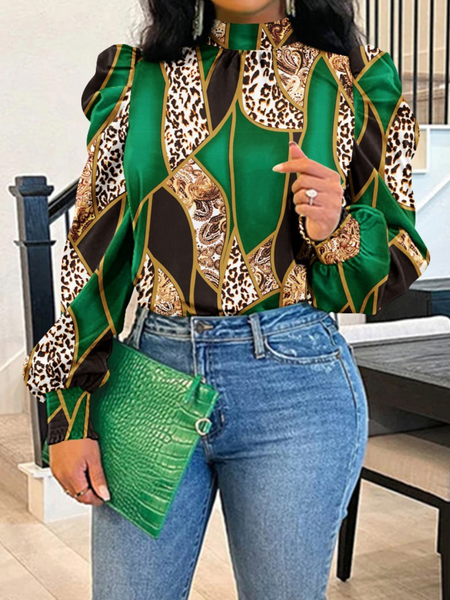

Urban Abstract Graphic Regular Fit Stand Collar Long Sleeve Blouse, Green, Blouses and Shirts