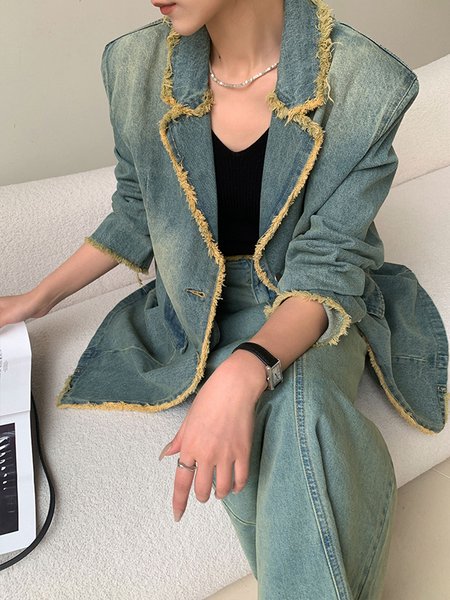 

Regular Fit Plain Casual Denim Denim Coat, Blue, Jackets