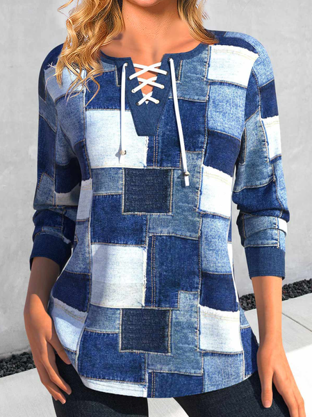 

Casual Crew Neck Plaid Loose T-Shirt, Blue, T-Shirts