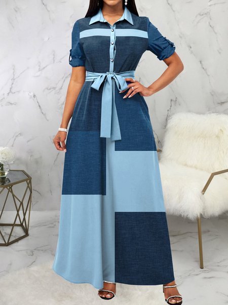 

Loose Plaid Casual Shirt Collar Dress With No, Blue, Dresses
