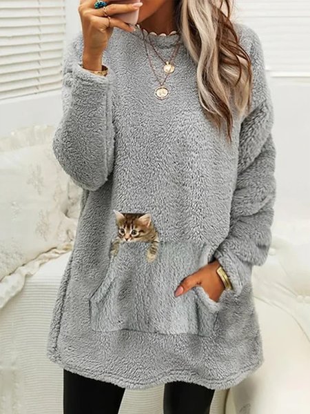Casual Cat Crew Neck Loose Sweatshirt, Gray, Sweatshirts