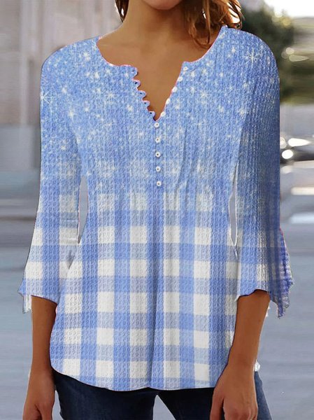 

Plaid Loose V Neck Casual Shirt, Blue, Blouses