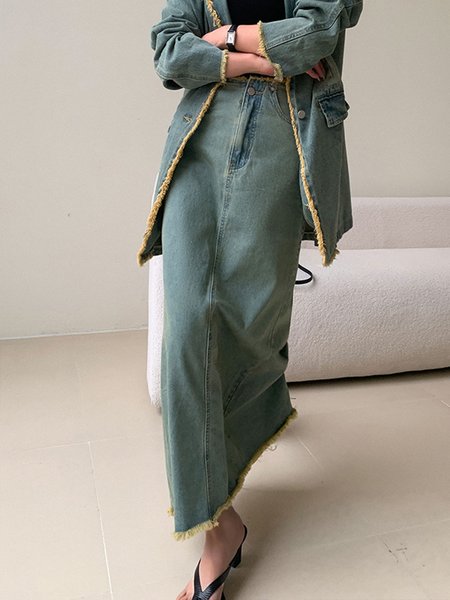 

Plain Denim Casual Regular Fit Denim Skirt, Blue, Denim Skirts