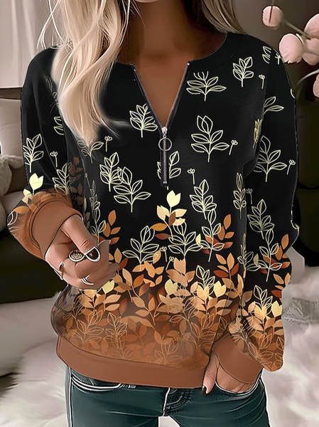 

Zipper Leaf Loose Crew Neck Casual Sweatshirt, Black, Sweatshirts & Hoodies