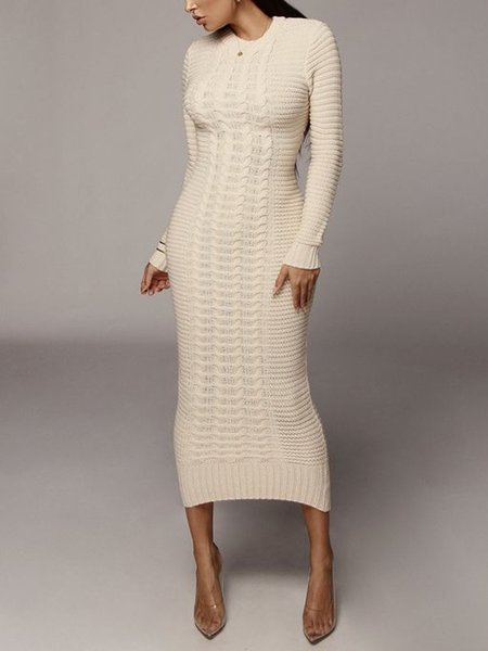 

Crew Neck Plain Regular Fit Elegant Sweater Dress, Off white, Maxi Dresses