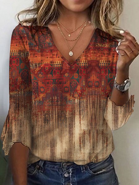 

Casual Flare Sleeve V Neck Ethnic T-Shirt, Brown, T-Shirts