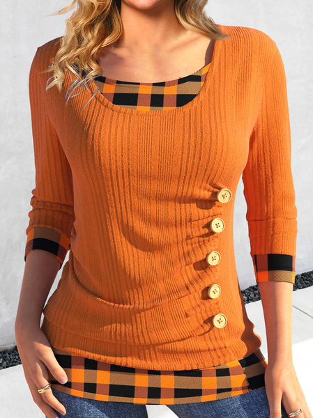 

Plaid Crew Neck Loose Casual T-Shirt, Orange, T-Shirts