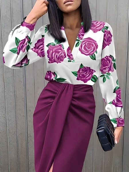 

Elegant Floral V Neck Regular Fit Blouse, Purple, Blouses and Shirts