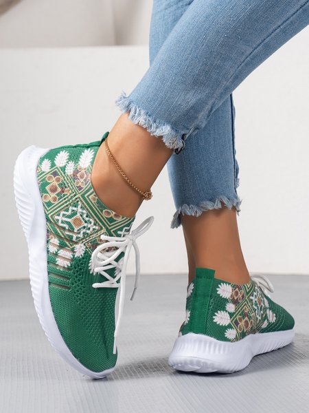 

Women Ethnic Pattern Breathable Slip On Flyknit Sneakers, Green, Sneakers