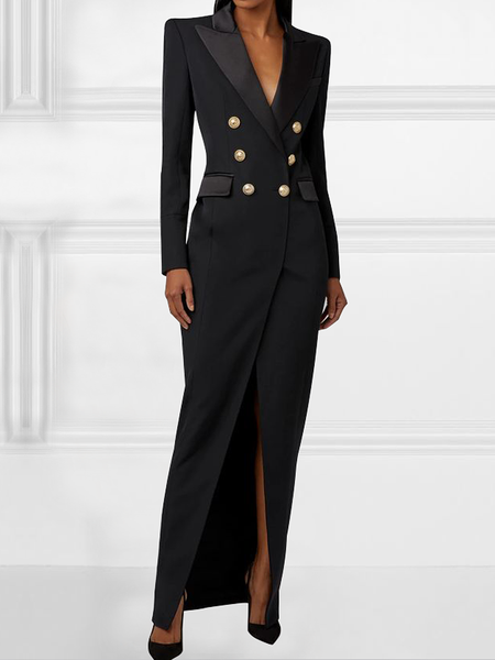 

Elegant Regular Fit Lapel Collar Long Sleeve Plain Maxi Dress, Black, Maxi Dresses