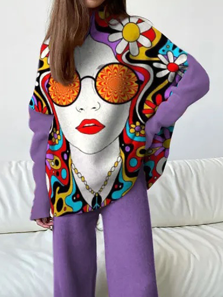 

High Elasticity Casual Loose Half Turtleneck Long Sleeve Sweater, Purple, Pullovers