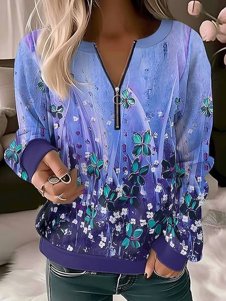 

Loose Crew Neck Floral Casual Sweatshirt, Blue, Sweatshirts & Hoodies