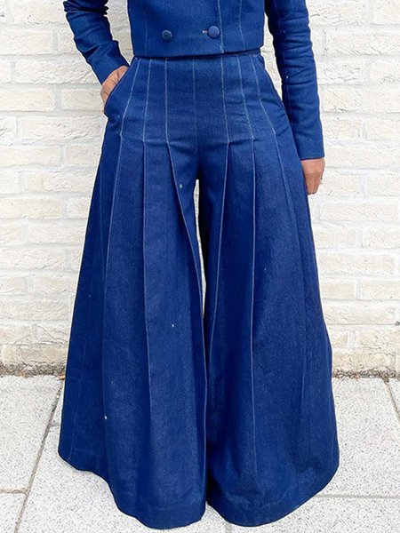 Faux Denim Plain Pocket Stitching Urban Wide Leg Jeans, Blue, Jeans