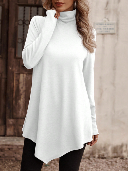

Turtleneck Asymmetric Casual T-Shirt, White, T-Shirts