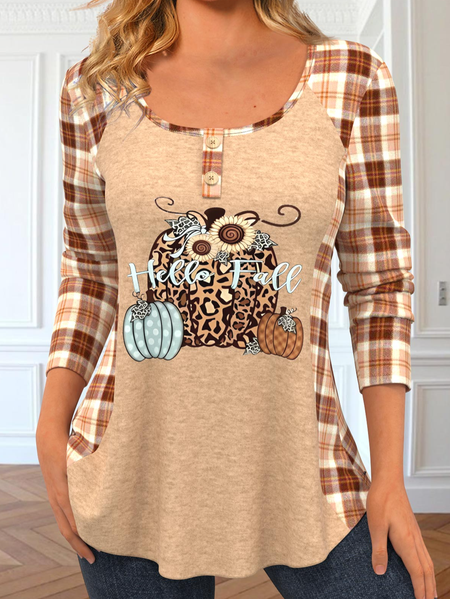 

Plaid Loose Casual Crew Neck T-Shirt, Brown, T-Shirts