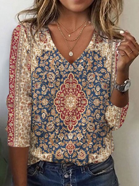 

Casual V Neck Loose Ethnic T-Shirt, Khaki, Long sleeves