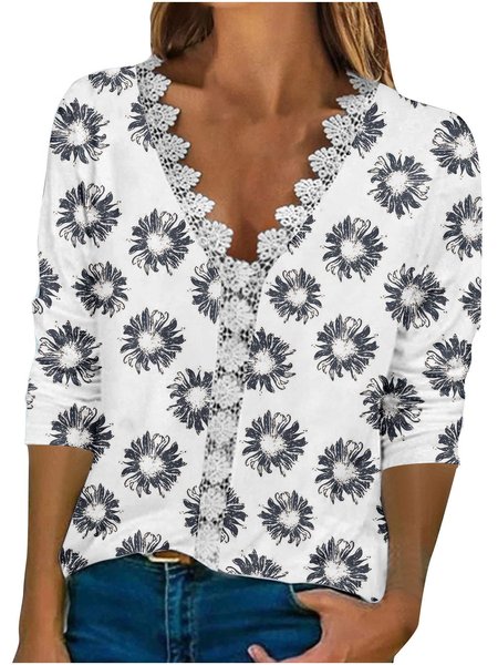 

Floral V Neck Casual Shirt, Black, Shirts & Blouses