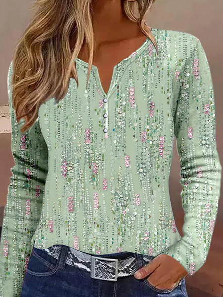 

Casual Notched T-Shirt, Green, Long sleeves