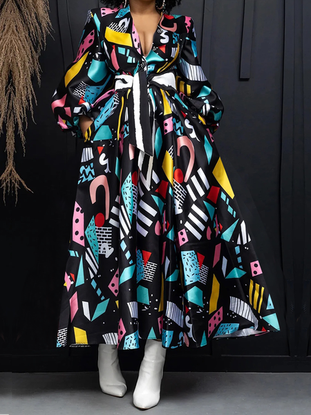 

Regular Fit Elegant V Neck Long Sleeve Maxi Dress With Belt, As picture, Maxi Dresses