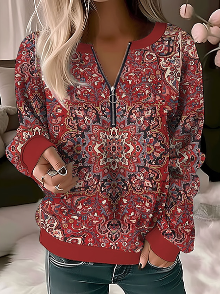 

Loose Zipper Casual Ethnic Sweatshirt, Red, Sweatshirts & Hoodies