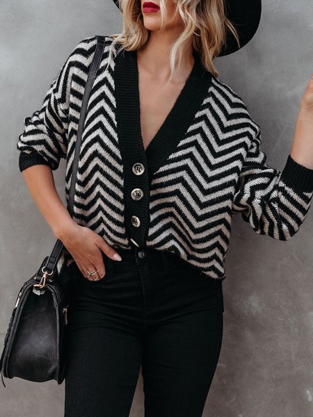 

Striped Loose Long Sleeve Urban Cardigan, Black, Cardigans