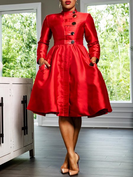 Stand Collar Buttoned Pocket Stitching Plain Elegant Dress, Red, Midi Dresses