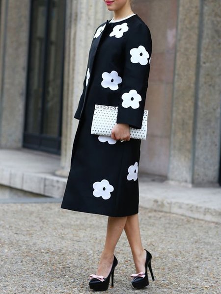 

Urban Long Sleeve Crew Neck Floral Print Coat, Black, Coats