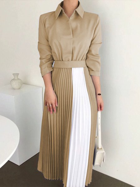 

Regular Fit Elegant Shirt Collar Pleated Dress With Belt, Khaki, Maxi Dresses