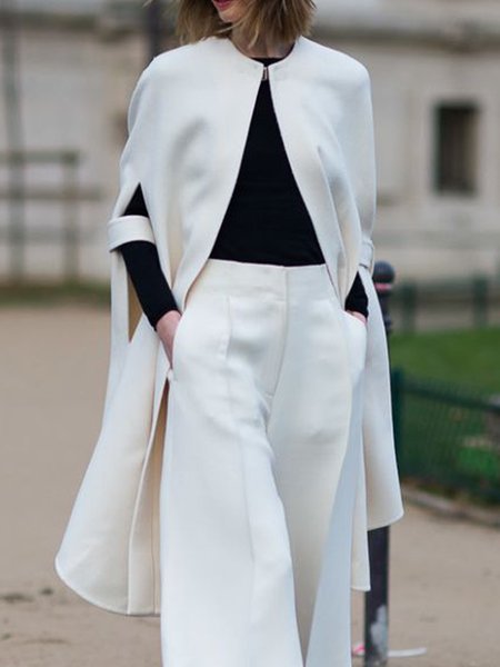

Mid-long Elegant Plain Crew Neck Cloak, White, Coats