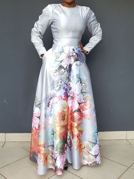 

Crew Neck Long Sleeve Floral Regular Fit Elegant Maxi Dress, As picture, Maxi Dresses
