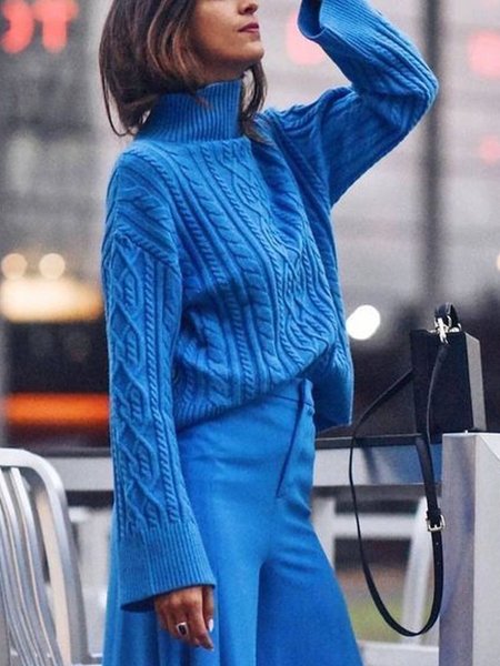 

Long Sleeve Loose Plain Turtleneck Urban Sweater, Blue, Pullovers