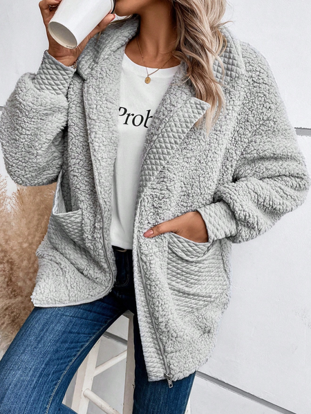 

Pocket Stitching Casual Teddy Coat, Gray, Coats