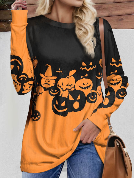 

Loose Halloween Casual Crew Neck T-Shirt, Orange, T-Shirts