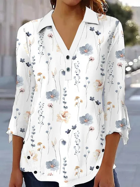 

Casual Loose Shirt Collar Floral T-Shirt, White, T-Shirts