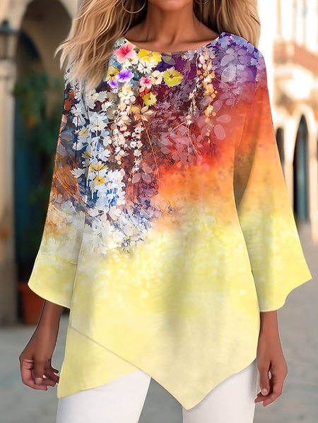 

Loose Casual Asymmetric Floarl Shirt, Yellow, Shirts & Blouses