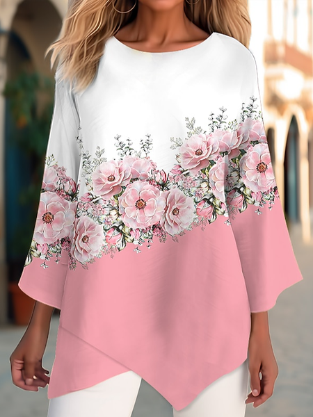 

Casual Asymmetric Crew Neck Floral Shirt, Pink, Shirts & Blouses